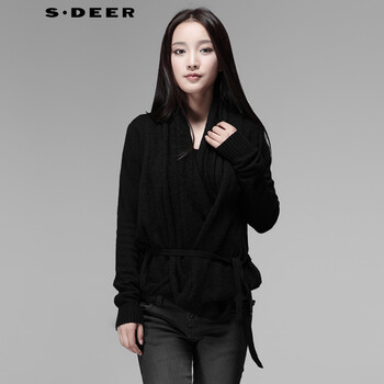 圣迪奥sdeer 2015秋冬新款女装设计感带围领开衫S13483518 深灰/97 S