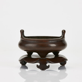 陳巧□製 中国 銅耳付香炉（銅器／茶道具／清代／宣徳銅／