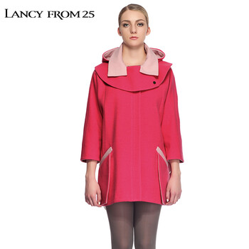 LANCY朗姿 精致简约撞色设计毛呢外套 粉红色 M