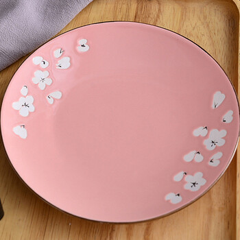 墨贝轩 创意日式手绘樱花7寸陶瓷平盘 简约色釉蛋糕酒店西餐家居餐具