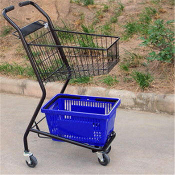 超市购物车钢制提篮车便利店双层购物车手推车便利车日式推车 上黑