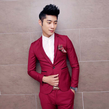 秋冬季男士纯色小西装套装男款韩版修身一粒单排扣西服204 x9802-红色