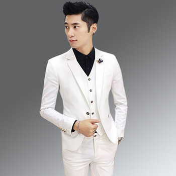 韩版商务休闲男西服 新郎结婚西服男士礼服西装三件套套装 白色 l(175