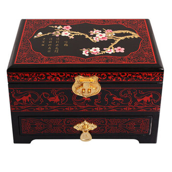 中式风木质复古化妆盒 彩绘漆器化妆盒不带锁收纳盒饰品首饰盒 双层