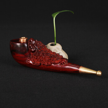 一物一拍小叶紫檀高油密老料带火焰纹 手工精雕【金蟾烟斗】173mm29mm