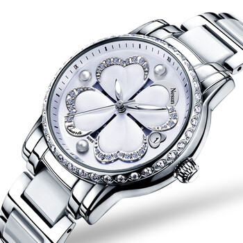 尼尚(nesun)四叶草手表女 时尚女表 防水陶瓷女士手表 石英表 银白