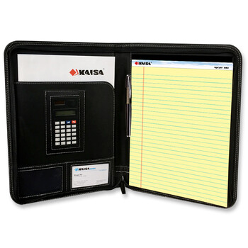 凯萨(KAISA)经理夹红黑配色带拉链办公商务夹A4文件资料夹带计算器高中生学习神器