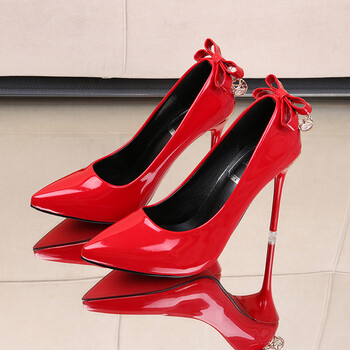 鞋女2017夏新款高跟鞋尖头浅口蝴蝶结皮鞋瓢鞋漆皮细跟时尚女鞋 红色