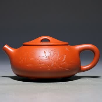 新品 宜兴紫砂壶 全手工茶壶 名家刘浩 朱泥 刻绘景舟石瓢 荷花款