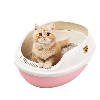 美卡 宠物厕所 猫砂盆 单层/双层带踏板开放式猫厕所送猫砂铲 粉色