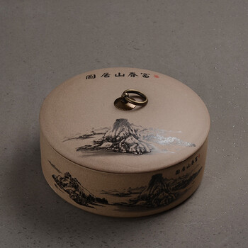 
                                        博度 粗陶普洱饼茶叶罐 陶瓷储存罐 大号茶罐陶罐 密封罐375g3饼装 富春山居图                