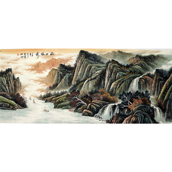 吴泽手绘国画字画峡江小八尺大瀑布青绿山水画聚宝盆06拍卖已结束