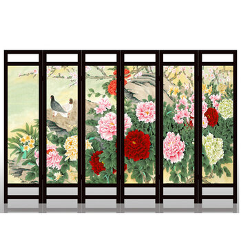 
                                        定制胡桃木六扇折叠屏风乔其纱半透屏风改善风水中式客厅玄关隔断 荷兮芬芳 六扇折叠                
