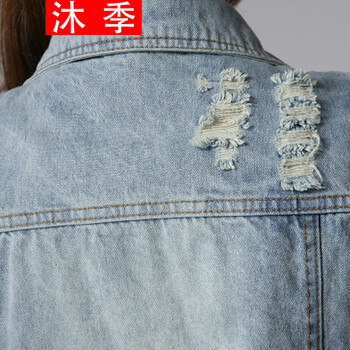 沐季春装新款时尚百搭修身女款破洞珠片牛仔马甲无袖短外套上衣 图色 XL