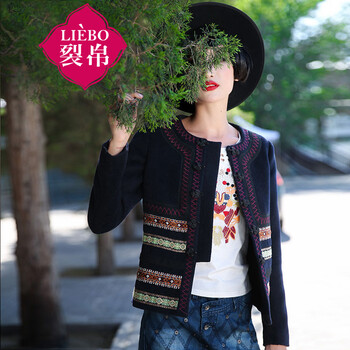 裂帛2015外套 绣花 复古盘扣短大衣羊毛女5114046W 花色 L