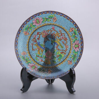 G607◇【文革期】 中国景泰藍 銅胎掏絲琺瑯富貴図瓶 一対 木製