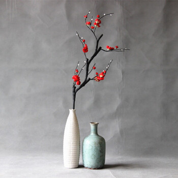 仿真梅花枝桃花树假花绢花装饰花居家客厅电视柜摆设花艺 大红色