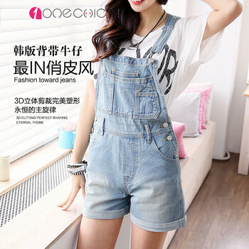 ONECHIC 韩版牛仔背带短裤女 百搭显瘦牛仔短裤女连体裤牛仔2015春夏季新款 蓝色如图 S