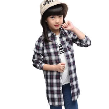 儿童长袖衬衫女童春秋红格衬衫户外休闲服 灰白色 120cm