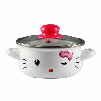 
                                        搪瓷奶锅煮奶锅小汤锅16cm 可爱凯蒂猫奶锅电磁炉通用 KT蓝色发夹双耳                