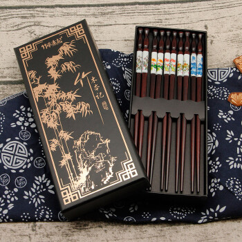 竹木本记礼盒装筷子中式古典5花色木筷5双礼盒装尖头赠筷架