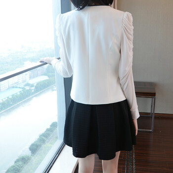 安柏亚2015春季女装新款修身长袖白色网纱拼接小西装休闲外套女 白色 S