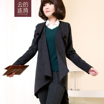 2015冬新款原创设计独特下摆保暖翻领毛呢大衣外套 4W72036 深灰色 M