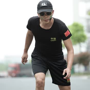 盾郎(donow) 户外短袖t恤短裤套装男武警2017夏季新款修身印字中国t恤