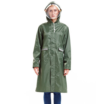 强迪雨衣双层面罩带反光条长版可戴头罩男女户外雨披风衣款 军绿 M号