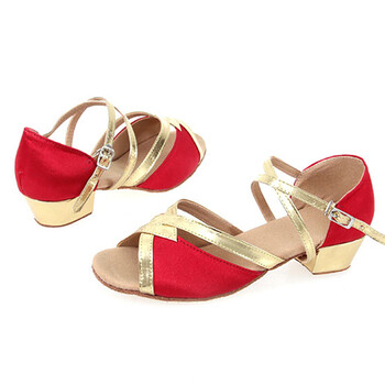 儿童平跟拉丁舞鞋小孩软底跳舞鞋七字缎面拉丁舞蹈鞋 红色 25