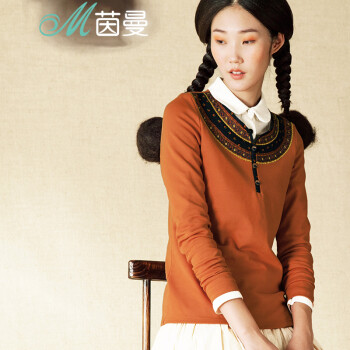 茵曼女装 新款休闲民族绣花碎花拼接棉质长袖T恤女【8440210450】 桔红色 L