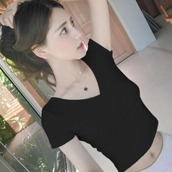 黑色漏肚脐衣服女半袖短款露脐上衣紧身短袖t恤女v领显瘦打底衫夏