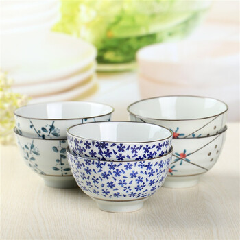 
                                        山田烧陶瓷碗套装 釉下彩(4.5英寸)米饭碗日式和风餐具(6只装) 混色装                