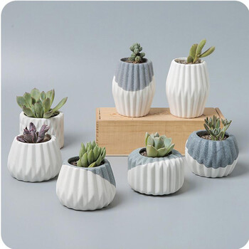 小花盆陶瓷磨砂带孔盆栽花盆植物单个装 白灰色 棱柱款