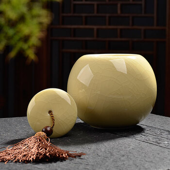 
                                        甲馨 茶叶罐 陶瓷 哥窑开片茶叶罐 密封茶罐 储蓄罐 素雅黄-哥窑茶叶罐                
