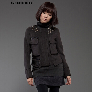 圣迪奥 sdeer 2015冬装新款女时尚修身百搭缀珠无领短外套S11482263 德国灰/87 M