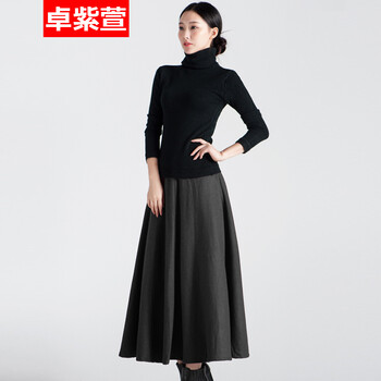 卓紫萱2016秋冬毛呢高腰半身裙 保暖欧美修身长裙 简约毛呢大摆裙 淡雅灰 XL