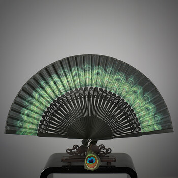苏善原创女扇 孔雀开屏造型 夏季民族风扇子折扇女中国风折叠扇 绿