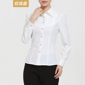 欧肯嘉女装 2015新款女装韩版修身长袖衬衫 西装领女士衬衣纯色上衣时尚百搭休闲女工装 白色 L