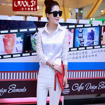 LIVOLSI   长袖衬衫女夏真丝蕾丝拼接修身大码衬衣 性感OL职业装 白色 XL