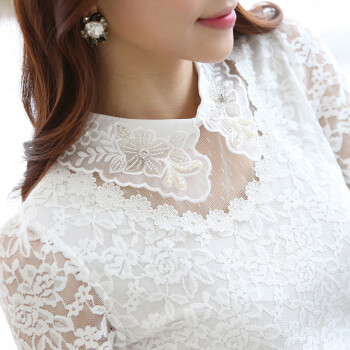 优资杉2015秋装新款女装加绒加厚蕾丝衫女长袖雪纺打底衫 白色 M(90-100斤参考)