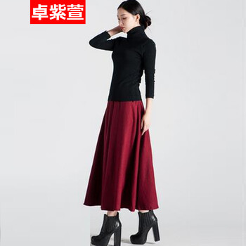 卓紫萱2016秋冬毛呢高腰半身裙 保暖欧美修身长裙 简约毛呢大摆裙 淡雅灰 XL