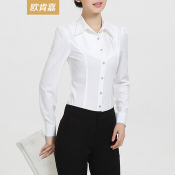 欧肯嘉女装 2015新款女装韩版修身长袖衬衫 西装领女士衬衣纯色上衣时尚百搭休闲女工装 白色 L