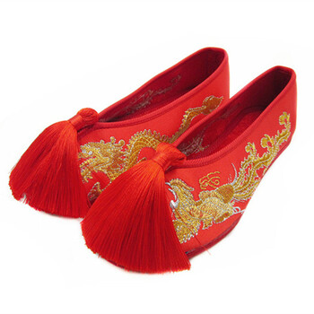 冷狼老北京布鞋平底休闲布底绣花鞋民族风中式龙凤褂红色婚鞋千 红色