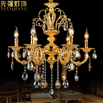 蒙特丽 客厅灯别墅灯卧室灯酒店灯欧式锌合金水晶吊灯D003全面电镀金黄色工程灯具（B） -6头