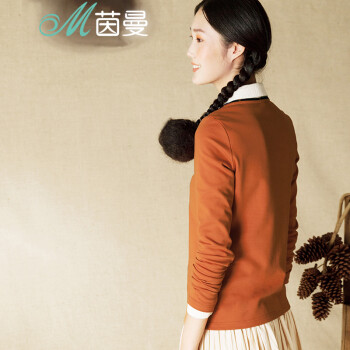 茵曼女装 新款休闲民族绣花碎花拼接棉质长袖T恤女【8440210450】 桔红色 L