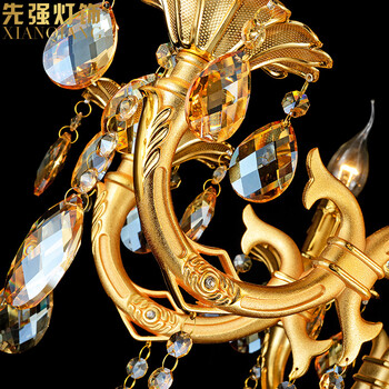 蒙特丽 客厅灯别墅灯卧室灯酒店灯欧式锌合金水晶吊灯D003全面电镀金黄色工程灯具（B） -6头