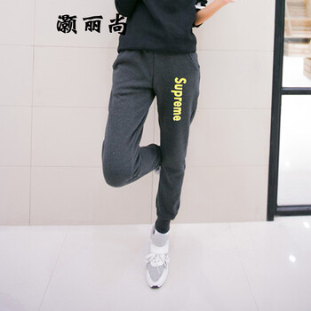 灏丽尚 2016新款学院风女装宽松大码卫裤字母印花健身运动休闲裤 黑色加绒 L