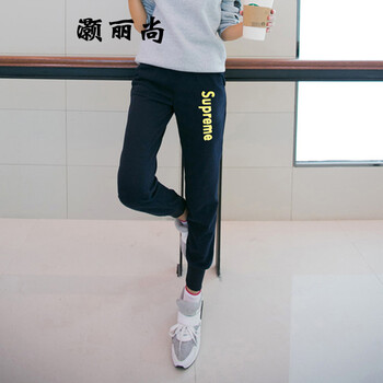 灏丽尚 2016新款学院风女装宽松大码卫裤字母印花健身运动休闲裤 黑色加绒 L