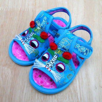 夏季婴幼儿布底凉鞋老虎鞋宝宝虎头鞋千层底布鞋 蓝色软底 15码/12.